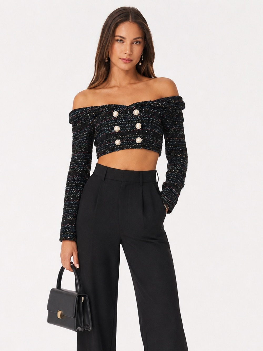 Lovers + Friends Alexandria Black Off-Shoulder Cropped Tweed Top Pearl Button🖤 S
